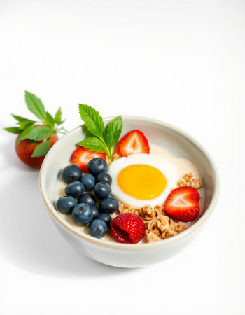 Healthy breakfast with oatmeal, berries and fried egg on white backgroundの写真素材