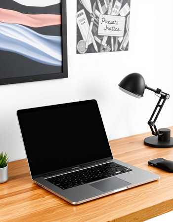 Modern workspace with blank screen laptop, lamp and other items on wooden tableの写真素材