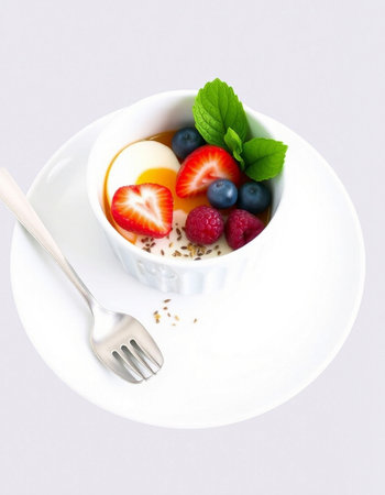 dessert with fresh berries and yoghurt on a white backgroundの写真素材