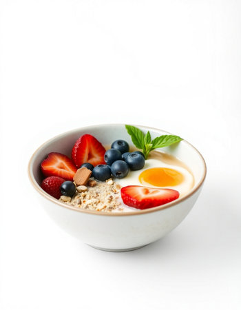 Healthy breakfast with oatmeal, berries and egg on white backgroundの写真素材