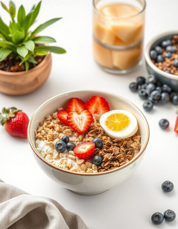 Healthy breakfast with muesli and fresh berries on white backgroundの写真素材