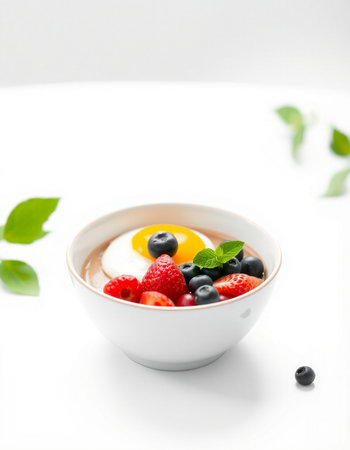 bowl of yogurt with fresh berries isolated on white