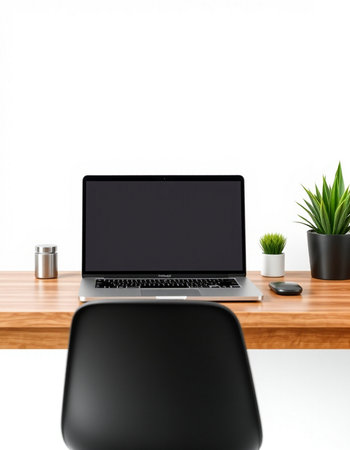 Laptop with blank screen on wooden desk in office. 3d render