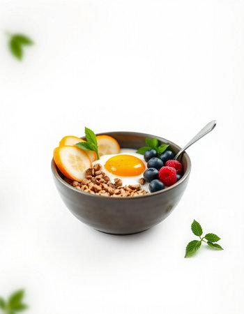 Healthy breakfast with granola, yogurt and fresh berries on white backgroundの写真素材