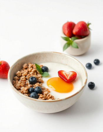 Breakfast with muesli, berries and egg on white backgroundの写真素材