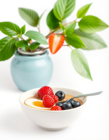 Healthy breakfast: yogurt with berries in a bowl on a white backgroundの写真素材