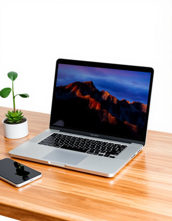 laptop on wood table with nature background, work from home concept