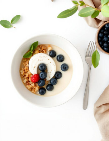 Healthy breakfast. Oatmeal porridge with yogurt, fresh blueberries and raspberries on white...