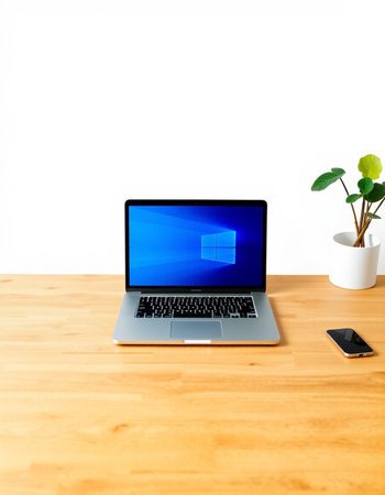 Laptop with blue screen on wooden desk and white wall background.