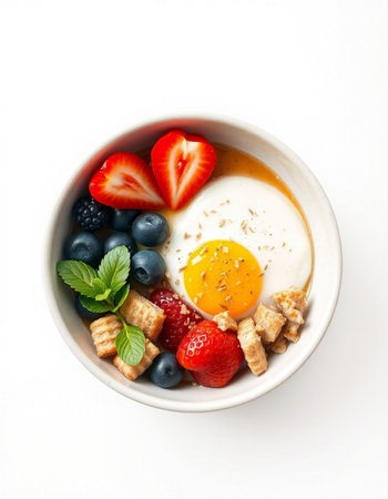 Healthy breakfast with berries and eggs on white backgroundの写真素材