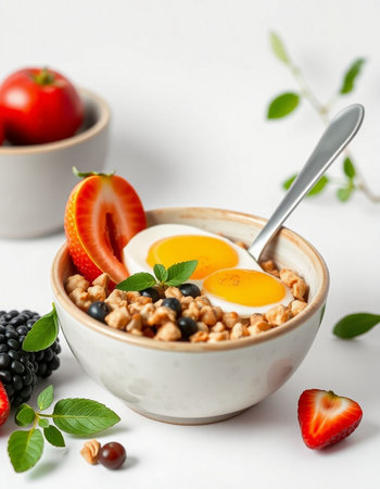 Healthy breakfast with oatmeal, berries and eggs on white backgroundの写真素材