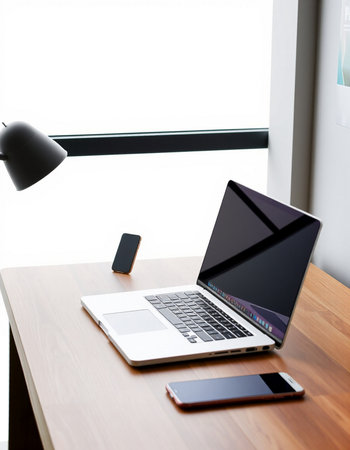 Laptop and smart phone on wooden desk in modern office interior.