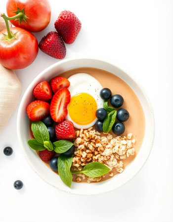 Breakfast bowl with oatmeal, berries and egg on white backgroundの写真素材