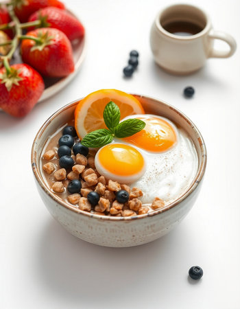 Breakfast with oatmeal, fresh berries and eggs on white backgroundの写真素材