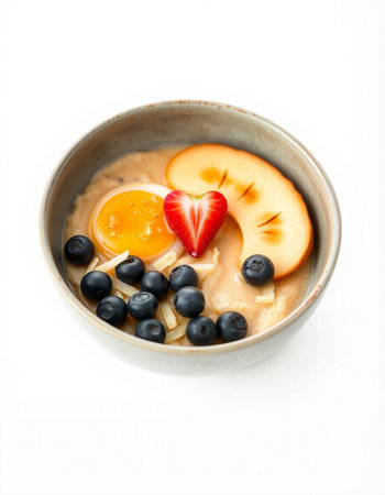 Oatmeal porridge with fruit and berries isolated on white background.