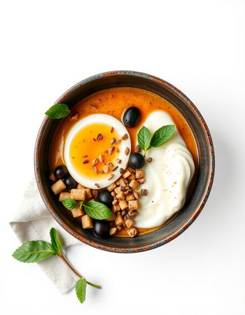 Tomato soup with yogurt and olives in bowl, top view