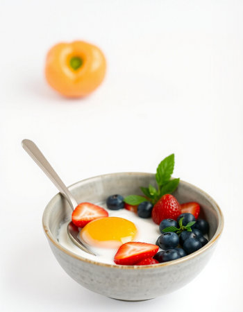 Yogurt with fresh berries in bowl on white background