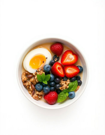Healthy breakfast with oatmeal, berries and eggs isolated on white backgroundの写真素材