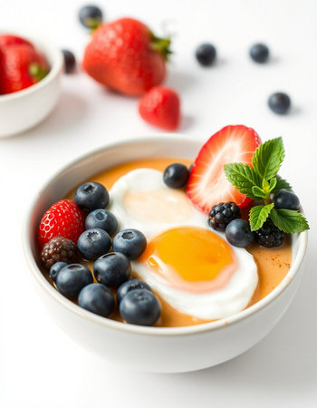 Breakfast with omelet, strawberries and blueberries on white backgroundの写真素材