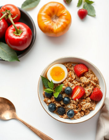 Healthy breakfast with muesli, berries and egg on white backgroundの写真素材