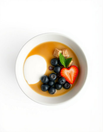Caramel pudding with fresh blueberries and strawberries on a white backgroundの写真素材