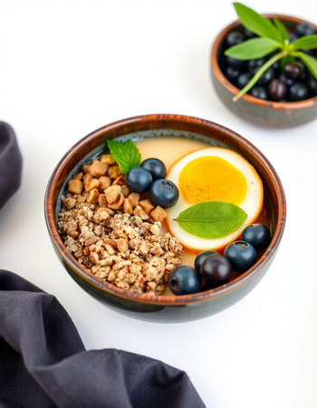 Healthy breakfast bowl with granola, yogurt and blueberries on a white background
