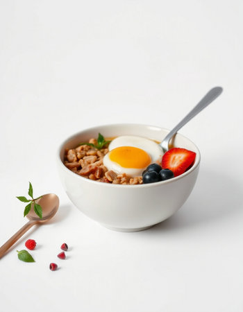 Bowl of oatmeal with berries and fried egg on white backgroundの写真素材