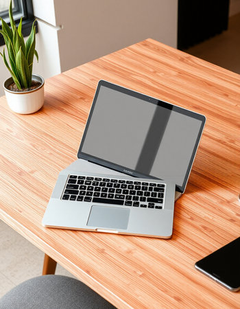laptop and smartphone on wooden table in modern office, close upの写真素材