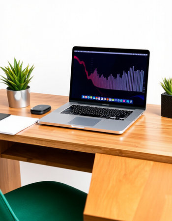 Laptop on wooden table and white wall background, stock market concept