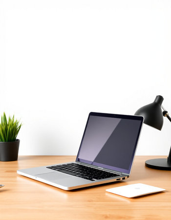 workplace with blank laptop, lamp and coffee cup on wood tableの写真素材