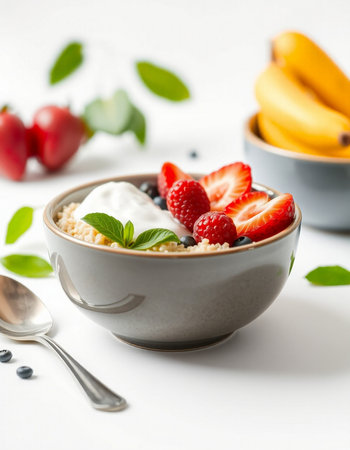 Healthy breakfast bowl with oatmeal, fresh berries and yogurt on white backgroundの写真素材