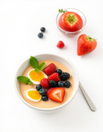 Yogurt with fresh berries on a white background.の写真素材
