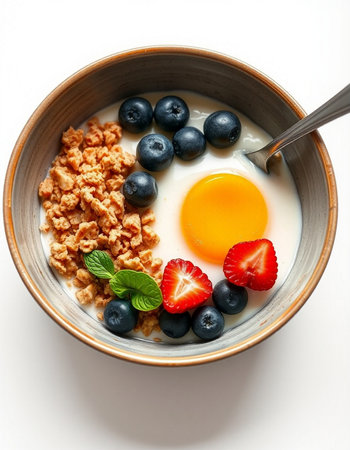 Breakfast with oatmeal, berries and egg on a white background