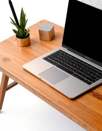 Modern workspace with laptop, coffee cup and plant on wooden table. 3d render
