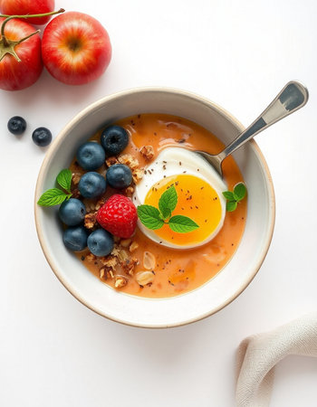 Healthy breakfast bowl with oatmeal, yogurt and berries on white backgroundの写真素材