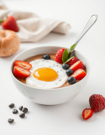 Breakfast with omelet, strawberries and blueberries on white backgroundの写真素材