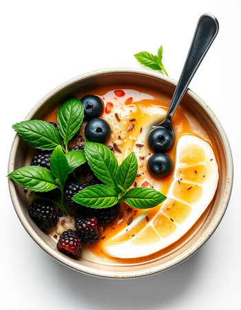 Creamy dessert with blackberries, raspberries, blackberries and mint in a bowl.の写真素材
