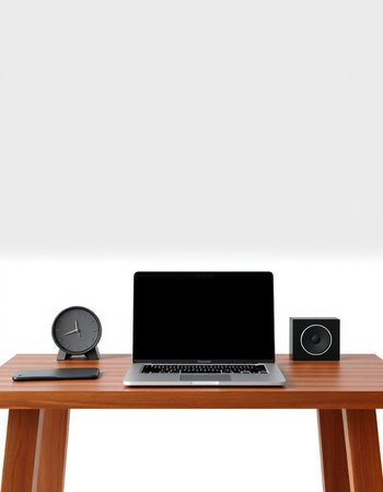 Laptop computer with blank screen on table isolated on white background.の写真素材