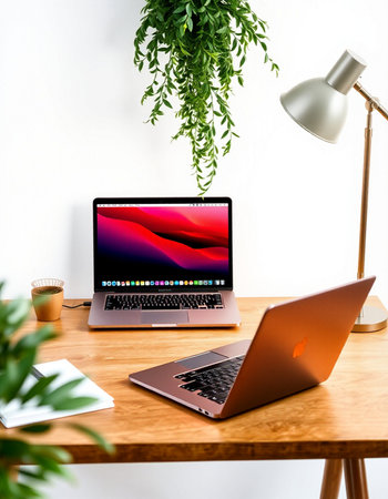 Laptop and coffee cup on a wooden table. 3d rendering