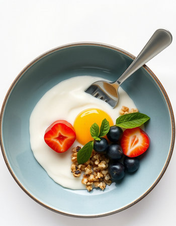 Healthy breakfast with yogurt, berries and granola on white background