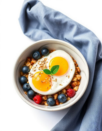 Breakfast with oatmeal, fresh berries and fried egg. Healthy food concept.