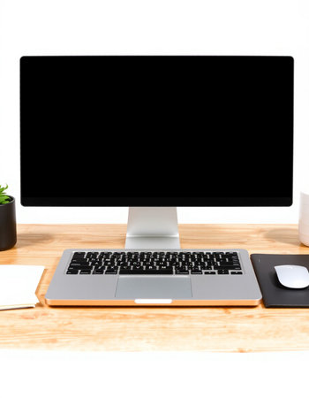 Computer with blank screen on a wooden desk isolated on white background.