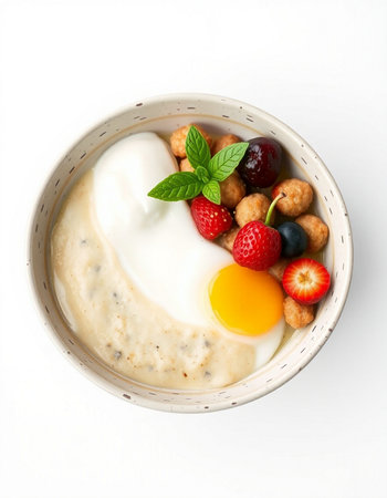 Bowl of yoghurt with berries on white background