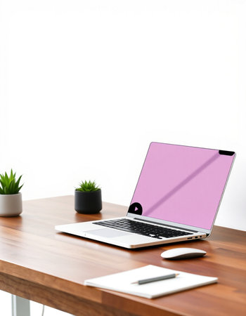Laptop on wooden table with copy space on white wall background.