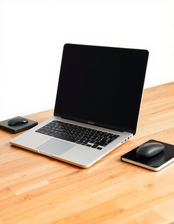 Laptop with black screen and mouse on the wooden desk isolated on white background