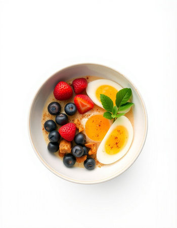 Healthy breakfast with berries and egg isolated on white backgroundの写真素材