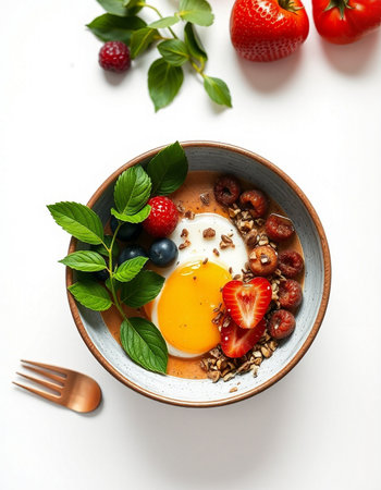 Healthy breakfast bowl with omelet, berries and granola on white background