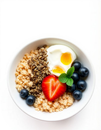 Healthy breakfast bowl with oatmeal, berries and egg on white backgroundの写真素材