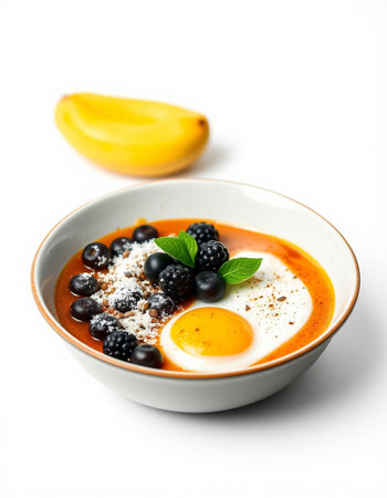 Breakfast with yoghurt and berries on a white background.の写真素材