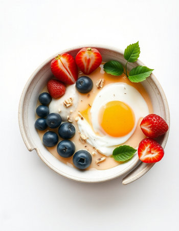 Breakfast bowl with omelette, fresh berries and egg on white backgroundの写真素材